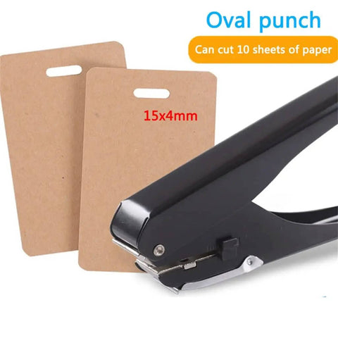 Metal Oval Single Hole Punch 4 15mm Hole Puncher Workhorse with lever action next to punched paper