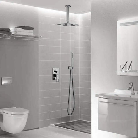 Modern bathroom with Ceiling Mount Rain Shower System With 10 Inch Square Rain Head And Brass Handheld Shower Brass Mixer Valve And Trim Kit.