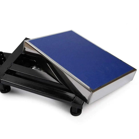 Hassle Free Heavy Duty Digital Floor Scale Waterproof Bench Platform Built Tough For Luggage Postal Shipping Foldable Design Tracks Body Composition With Kilo Pound Ounce Display Ready For Your Shop, showing the blue tempered glass deck and black frame.