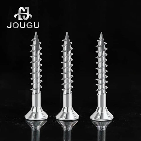Heavy Duty Wood Screws With Torx Star Drive Heads And Countersunk Points For Quick Deck Builds Plus Hella Rock Solid Grip On Lumber Projects Includes Two Hundred Galvanized Steel Fasteners In A Compact Carry Bag That Never Strips Or Backs Out Early. Close-up of three galvanized screws with tapered heads and star drive.