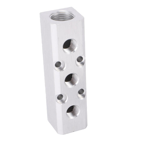 Aluminum Air Manifold 3 Way 5 Port Pneumatic Block Splitter showing ports and structure for air systems.