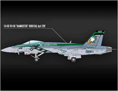 Side view of F A 18 E Super Hornet 1 72 Scale Plastic Model Kit Unpainted Assembly Ready To Paint Glue And Paints Sold Separately VFA 195 Combat Squadron Navy Aircraft Build Kit with decals showing unique markings