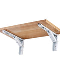 Triangular Bracket 2 Pack Wall Mounted Shelf Support For Bench Table Hidden Kitchen Storage Hardware Heavy Duty Stainless Steel Brackets For DIY Shelving And Furniture Projects in use with wooden shelf.