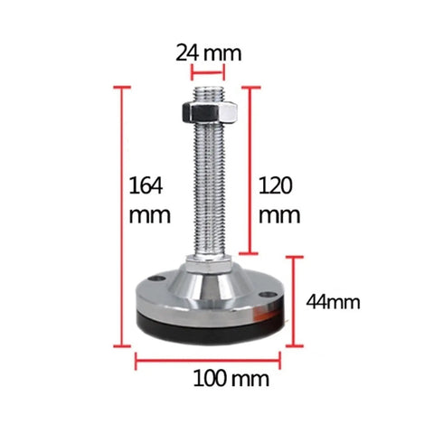 Pro Grade Heavy Duty Adjustable Leveling Feet M24 M30 Threaded Machine Base Wobble Killer Pads with dimensions 164mm height, 100mm base.