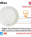 Zigbee 24GHz MmWave Presence Sensor With Body Motion And Static Detection, Luminance Sensing, 16A Relay for ceiling/wall mount