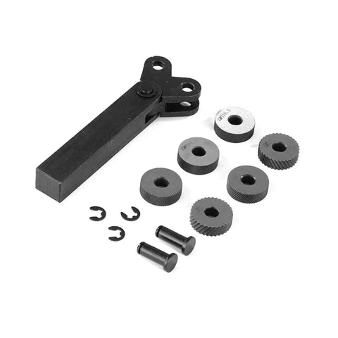 7 Piece Dual Wheel Knurling Tool Set With Wheel Linear Pitch Knurl Kit For Lathe Machining, laid out showing knurling wheels and handle