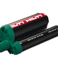 Hit Hy 10 Plus 11 Ounce Anchor Adhesive for concrete, black cartridge with green nozzle, soft foil pack visible on side