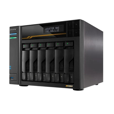 Badass Six Bay Network Attached Storage Featuring Amd Ryzen Quad Core Processor And 16Gb Ecc Ddr5 Memory With Single 1Tb Nvme Drive Plus Four M.2 Expansion Slots For Dual 10GbE And 5GbE Networking Alongside Fast Usb4 Ports For Next Level Data Archival, showing the front view with visible bay slots.
