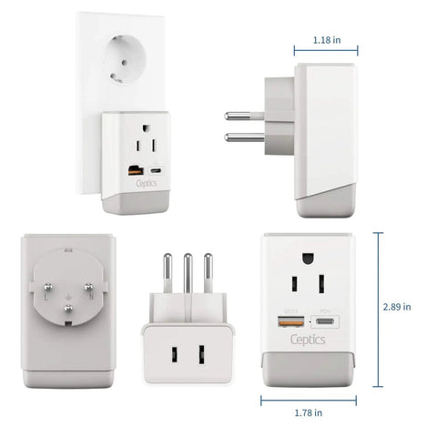 Israel Travel Power Adapter With Dual USB And USB C QC 3.0 shown from multiple angles, featuring US sockets, Type H plug.
