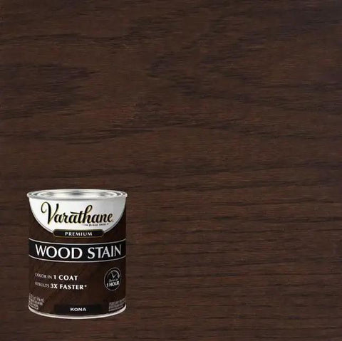 Top Shelf Semi Transparent Wood Stain In Kona Shade in quart can on dark wood background for interiors furniture use.