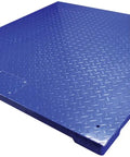 Heavy Duty Platform Scale With 10000 Pound Capacity And Diamond Plate Top, blue steel surface, ideal for hauling pallets in warehouses.