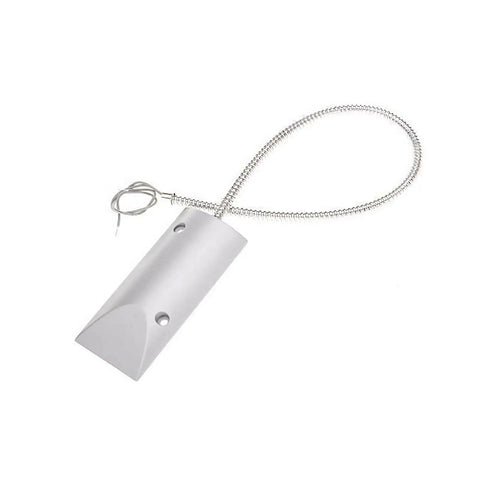 Kickass Heavy Duty Garage Roller Shutter Contact Sensor Security Alarm Switch With Long Armored Cable Hella Secure Magnetic Trigger Built Tough And Reliable, silver sensor with a flexible metal cable.