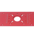 Built Tough Aluminum Router Table Insert Plate with red anodized surface, measures for precision cuts in woodworking.
