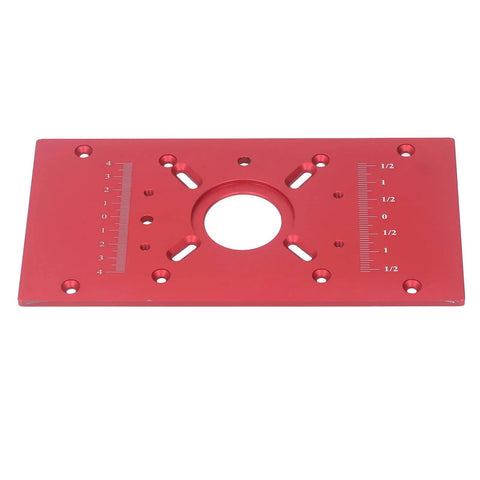 Built Tough Aluminum Router Table Insert Plate with red anodized surface, measures for precision cuts in woodworking.