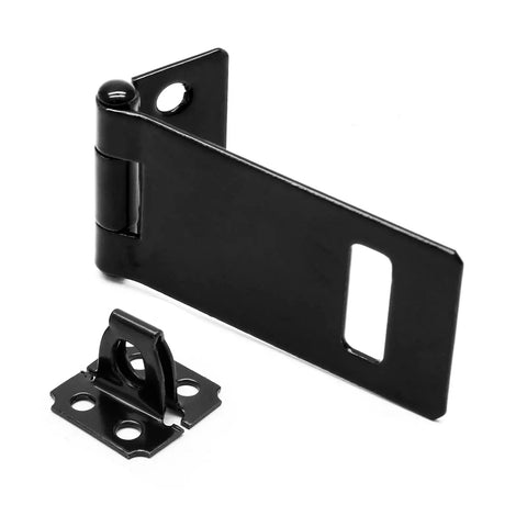 Heavy Duty 2 Inch Padlock Hasps 4 Pack Black Iron Door Slide Latch Lock Set Rust Proof Steel Security Bolts For Gates And Sheds close-up view of latch and hasp components.