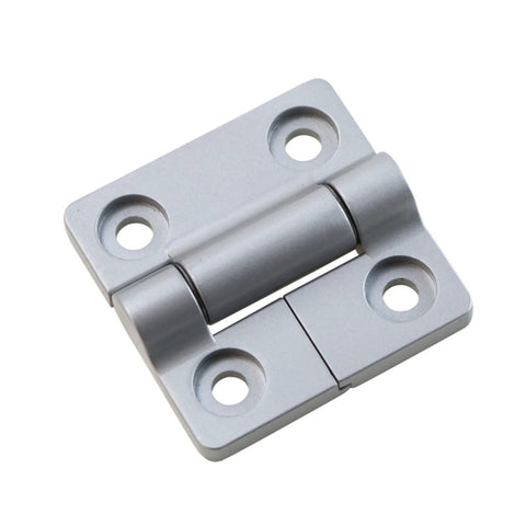 Zinc alloy torque square damper hinge, matte finish, two mounting holes, angled front view