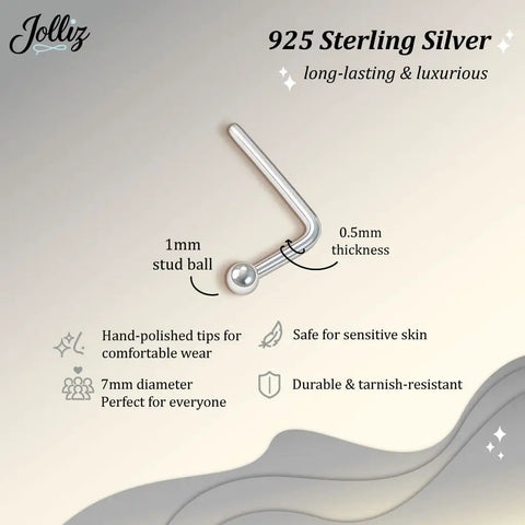 1mm Silver Nose Stud L Shaped 24G 925 Sterling Silver Minimalist Dainty Ball, 1mm ball, 24G