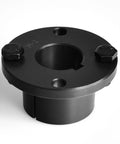 MINERGUY 1-inch bore H-style steel pulley bushing with flange and two bolts, black metal, close-up view