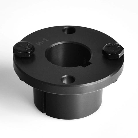MINERGUY 1-inch bore H-style steel pulley bushing with flange and two bolts, black metal, close-up view