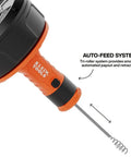 Close-up of No Sweat 25 Foot Auto Feed Drain Auger showing tri-roller system and orange handle for clog clearing.