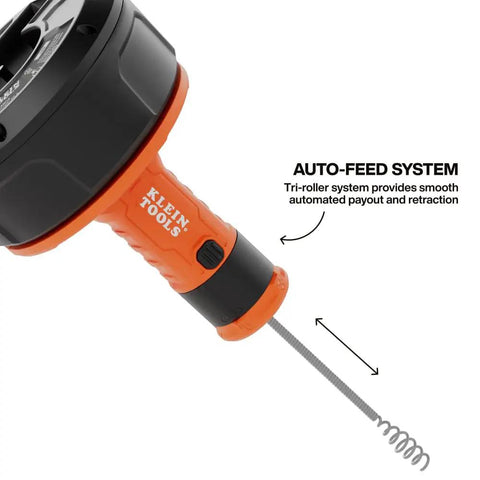 Close-up of No Sweat 25 Foot Auto Feed Drain Auger showing tri-roller system and orange handle for clog clearing.