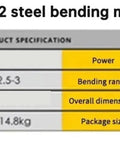 HRB-22 steel bending machine specification table with power, size, bending range, and weight details.