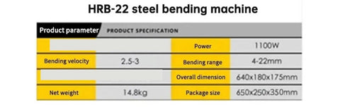 HRB-22 steel bending machine specification table with power, size, bending range, and weight details.