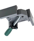 Heavy Duty Aluminum Alloy Angle Clamp Featuring Adjustable Swing Jaw And Slick T Handle For Welding Framing, showing green T-handle and clamp jaws.