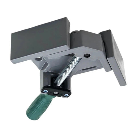 Heavy Duty Aluminum Alloy Angle Clamp Featuring Adjustable Swing Jaw And Slick T Handle For Welding Framing, showing green T-handle and clamp jaws.