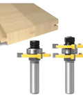 Must Have 3PC Tongue Groove Router Bit Set With Dual Shank Options for cutting perfect joints visible with 3 router bits and wood.