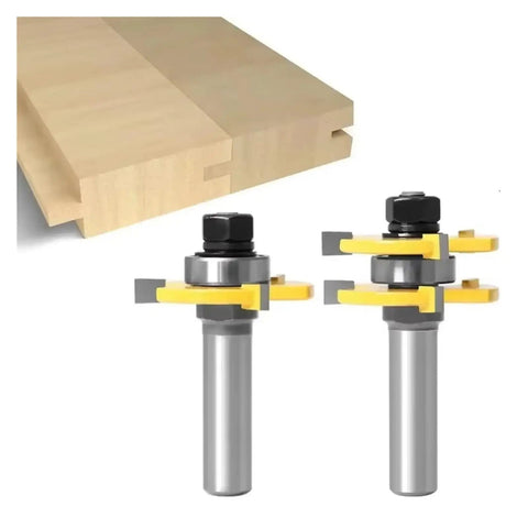 Must Have 3PC Tongue Groove Router Bit Set With Dual Shank Options for cutting perfect joints visible with 3 router bits and wood.