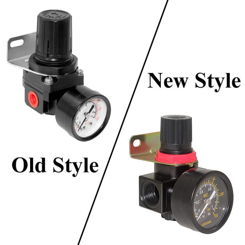 Old and new style 3/8 NPT Air Compressor Regulator Combo with Manual Drain and Bracket PSI Gauge shown