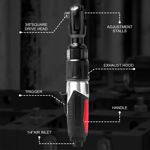 3/8 Inch Professional Air Ratchet Wrench Kit With 1/2 Inch Drive Adapter For Auto Maintenance, pneumatic tool labeled parts