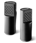 2 Inch Aluminum Round Bench Dogs With Beefy Side Spring For Thin Benchtops And Woodworking Tools Easy Height Adjustment Fits Three Quarter Inch Holes Durable Workbench Accessories, showing the top view of two black aluminum bench dogs with spring sides.