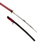 Hand Forged 1045 Carbon Steel Wakizashi With Full Tang, 21 Inch Blade, Bo Hi On Both Sides, Heat Tempered, displayed with sheath.