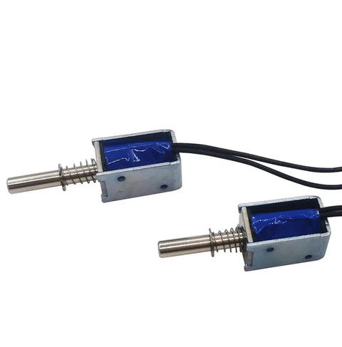 Two Pack Mini Push Pull Linear Solenoid Electromagnet With 5mm Stroke, DC 5V To 12V, 25 Ohm, Open Frame Actuator, blue frame view