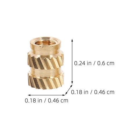 Grab 100 Pack of Solid Copper Heat Set Inserts With Knurled Threads For Heavy Duty Screws Embedment That Stick Like A Champ In Any Project Without Fail, showing dimensions of solid copper insert.