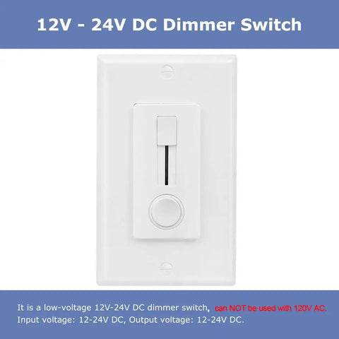 Hassle Free 12 24V DC Dimmer Switch For Single Color LED Strip Lights With Slick Vertical Slider Wall Mount Panel, white plate detail.