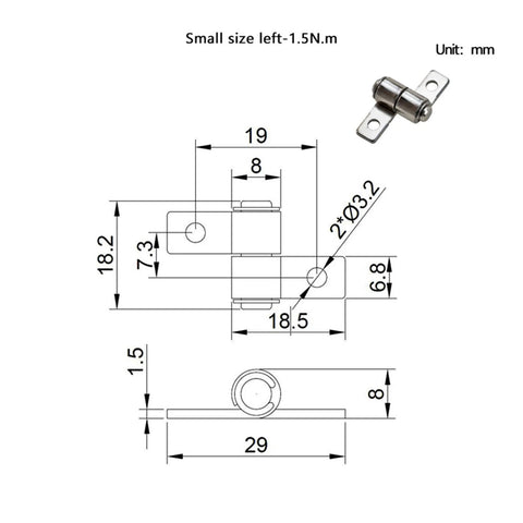 Front and side views of 360-degree torque axis free-stop hinge with damping, small left-hand 1.5 N·m, Amazon brand