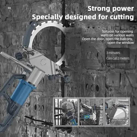 Pro Grade Brushless Electric Concrete Ring Saw With Dual Blade Kit For Crushing Through Granite Brick And Masonry With Beast Mode Performance On Job Sites cutting through a wall, showcasing blade and strength.