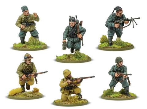 Bolt Action Italian Army and Blackshirts 1 To 56 Scale Tabletop Miniatures Set soldiers posed on grassy terrain