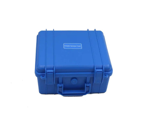 Pro Grade Digital Leeb Hardness Tester case in blue, durable design for portable gauging of steel and metal alloys.