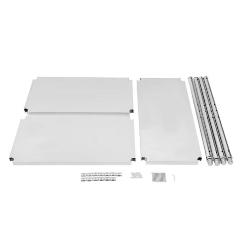 3 Tier Stainless Steel Storage Rack Built Rugged And Hella Solid Vertical Organizer For Kitchen Pantry Garage Waterproof Heavy Duty Multi Tier Utility Shelf 31.5 Inches assembly parts including shelves and poles.