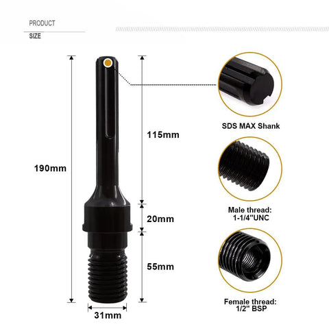 Core Drill Bit Adapter 1-1/4 Inch UNC Male To SDS Max Shank dimensions and thread details diagram
