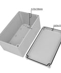 Heavy Duty Outdoor Junction Box With Mounting Plate IP67 Waterproof Electrical Enclosure ABS Project Case showing dimensions and lid.
