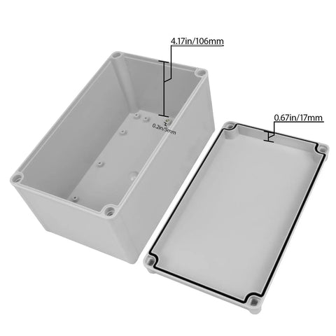 Heavy Duty Outdoor Junction Box With Mounting Plate IP67 Waterproof Electrical Enclosure ABS Project Case showing dimensions and lid.
