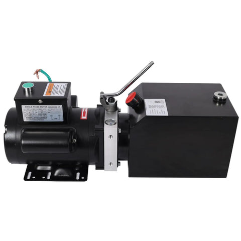 Heavy Duty Hydraulic Power Unit With 6 Quart Reservoir And Single Phase Motor side view showing pump and connection details.