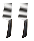 Pair of Healvian stainless steel crinkle fry cutters with black non-slip handles, front view.