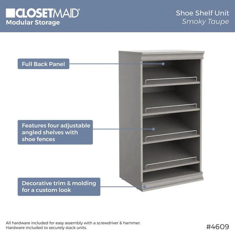 Total Game Changer Modular Closet Organizer With Four Adjustable Angled Shoe Shelves And Slick Taupe Finish For Seamless Stacked Storage Setup Hardware Included