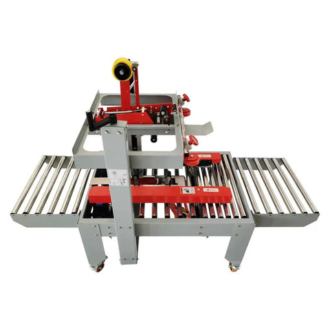 No Fuss Heavy Duty Automatic Tape Carton Sealing Machine with adjustable rollers, red and gray, ideal for fast box taping.